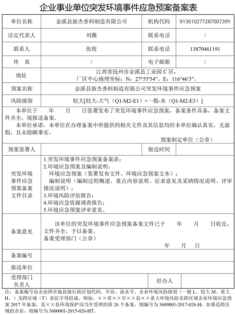 金溪县新杰香料制造有限公司备案表